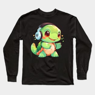 Cute Green Turtle with Headphones Long Sleeve T-Shirt